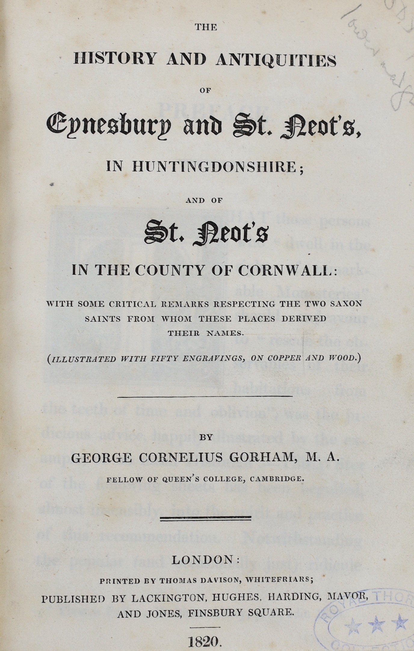 CAMBS: Gorham, George Cornelius - The History and Antiquities of Eynesbury and St. Neots in Huntingdonshire; and of St. Neots in the County of Cornwall ... num. plates and text engravings; rebound gilt half calf and marb